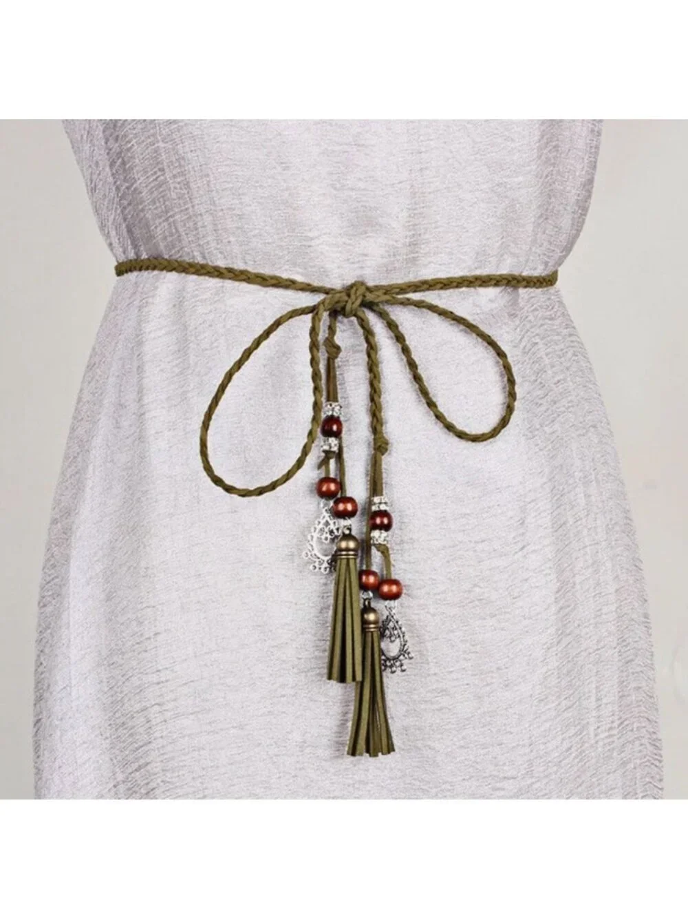 Red Braided Wrap-Around Waist Belt With Tassels & Metal Charms